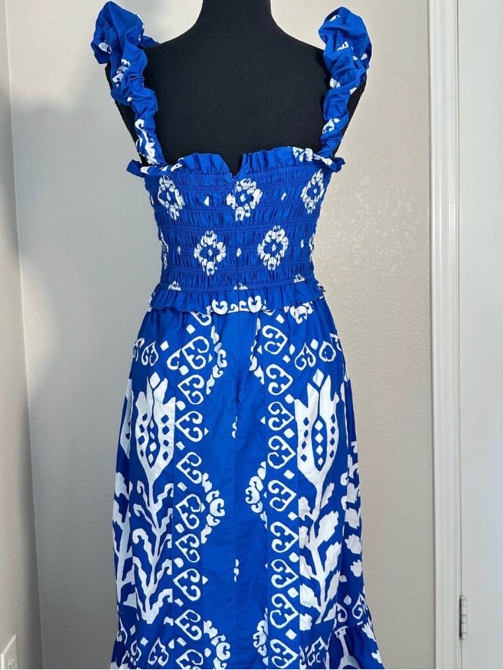 Sea NY Blue Cotton Sonia Print Smocked Coastal Midi Dress, Tropical Resort, XS - Picture 5 of 13
